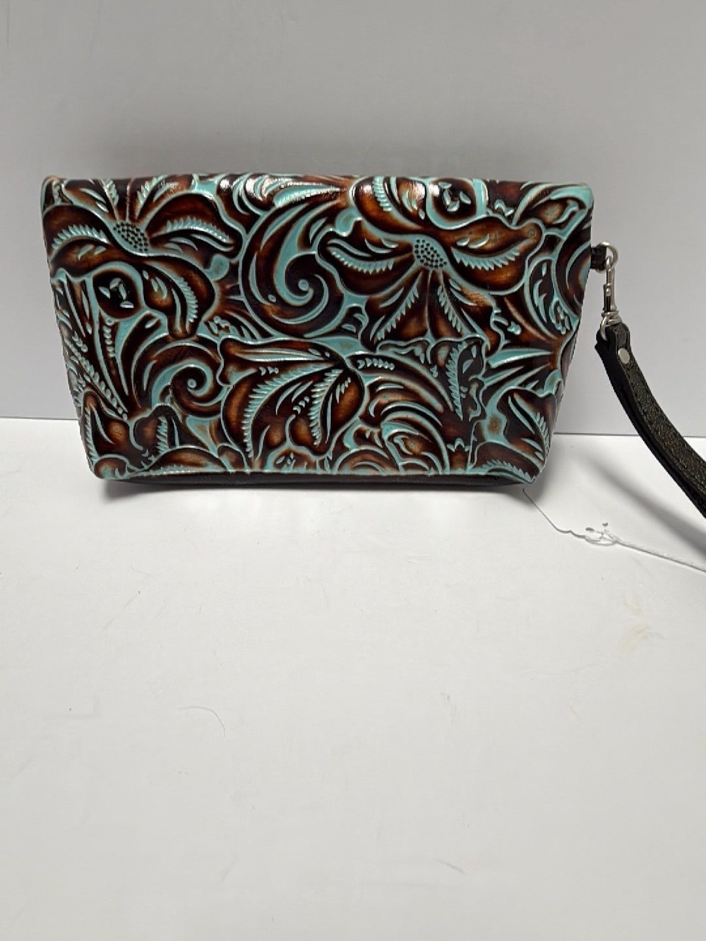 Patricia Nash Turquoise and Brown Tooled Floral Wristlet